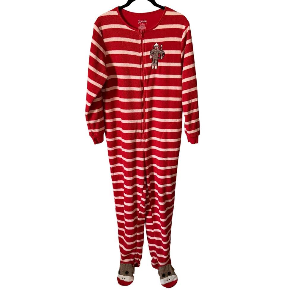 Nick & Nora Womens Size Small Sock Monkey Footie Pajamas One Piece Red Stripe
